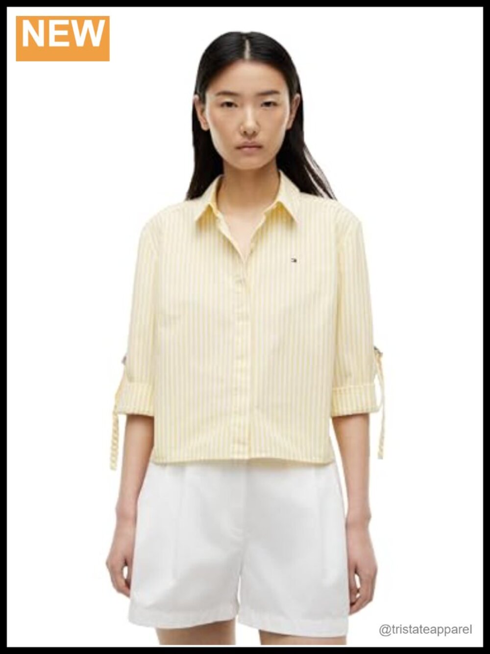 Cropped Cotton Poplin Button Down Shirt Long Sleeve Regular Fit